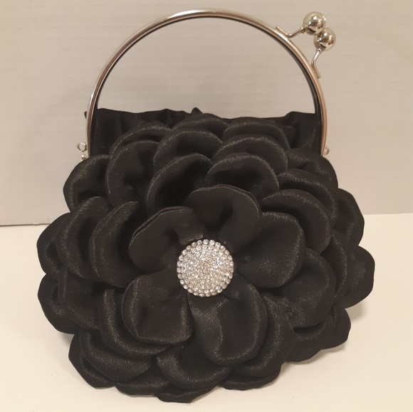 Black Flower Petal and Rhinstone Evening Bag - Picture 1 of 4